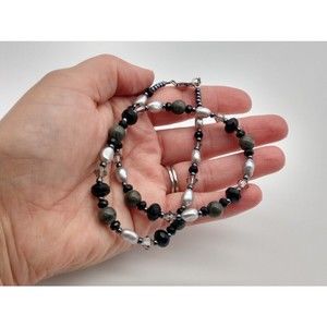 Sterling Silver Freshwater pearl stone Crystal black Necklace 1405